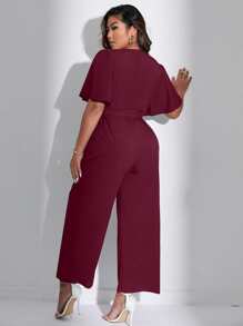SHEIN Unity Plus Surplice Front Belted Jumpsuit - Burgundy - View 2