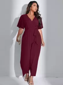 SHEIN Unity Plus Surplice Front Belted Jumpsuit - Burgundy - View 3