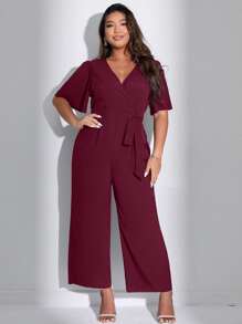 SHEIN Unity Plus Surplice Front Belted Jumpsuit - Burgundy - View 5