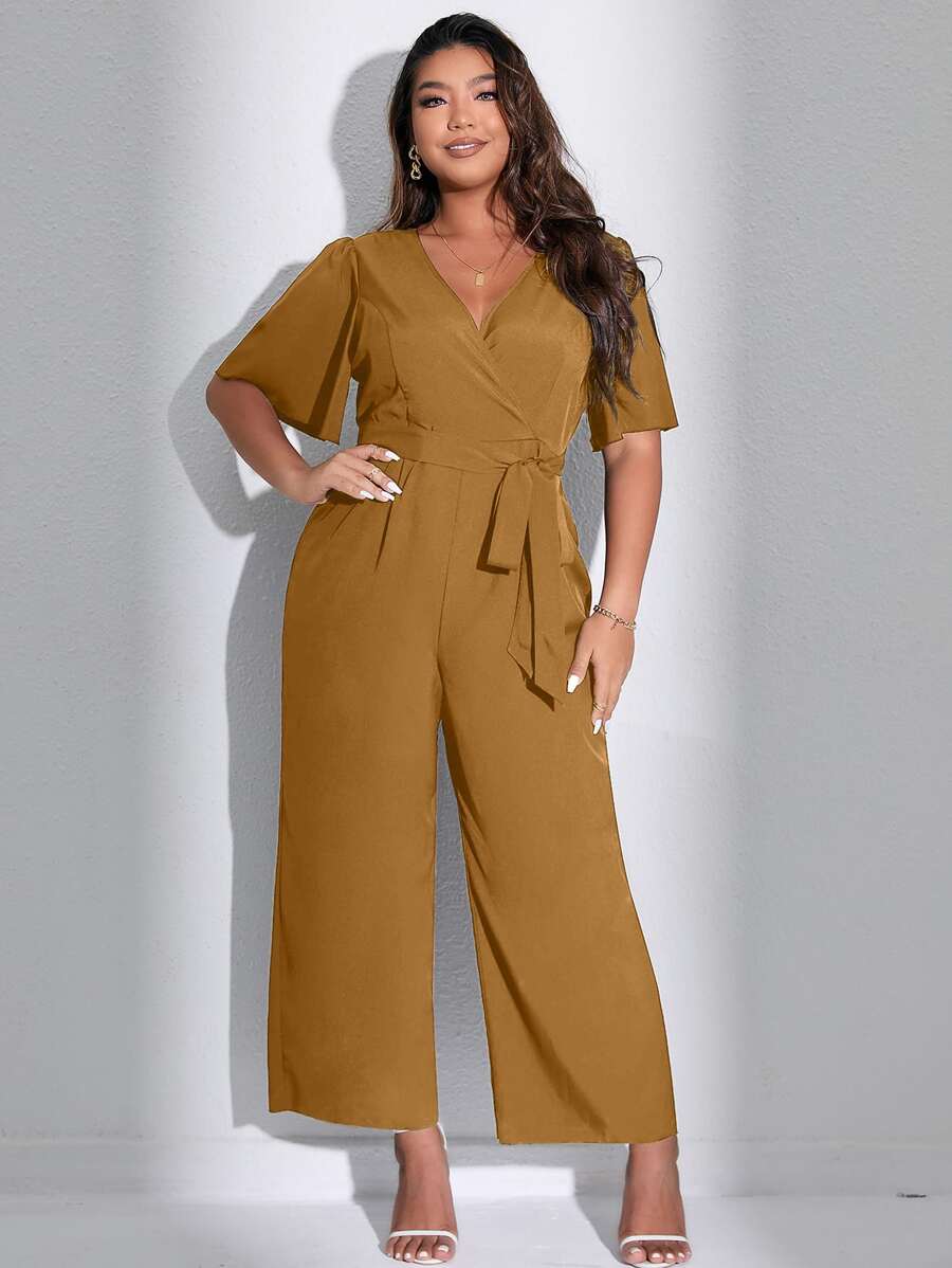 Celure Jumpsuits Plus Size Thắt lưng Trọn gói màu trơn Giải trí - Lạc đà - Xem 1
