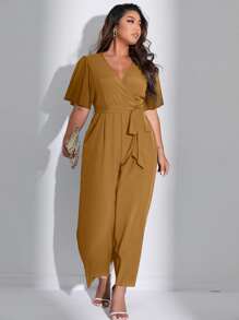 Celure Jumpsuits Plus Size Thắt lưng Trọn gói màu trơn Giải trí - Lạc đà - Xem 3