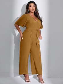 Celure Jumpsuits Plus Size Thắt lưng Trọn gói màu trơn Giải trí - Lạc đà - Xem 4