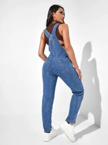 SHEIN EZwear Button Side Denim Dungarees - Medium Wash - View 2