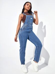 SHEIN EZwear Button Side Denim Dungarees - Medium Wash - View 4