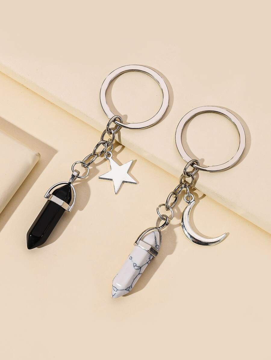 2 chiếc móc khóa cặp đôi mặt trăng và ngôi sao thông thường - Nhiều màu - Xem 1