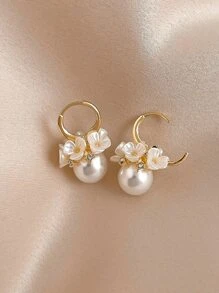 Andkiss Flower & Faux Pearl Decor Hoop Earrings - Multicolor - View 2