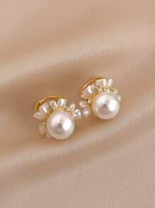 Andkiss Flower & Faux Pearl Decor Hoop Earrings - Multicolor - View 4