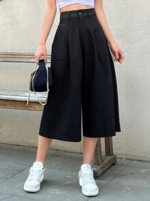 DAZY Pantalones de pierna ancha con detalles plisados y bolsillos duales para otoño - Negro - Ver 3