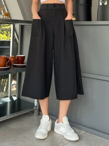 DAZY Pantalones de pierna ancha con detalles plisados y bolsillos duales para otoño - Negro - Ver 6