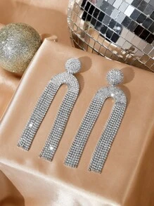 SHEIN SXY 水鑽流蘇耳墜 - 銀色 - 查看 3