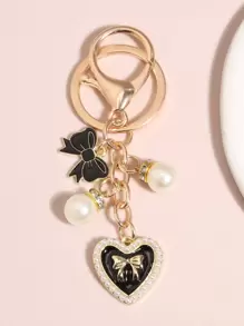 Heart & Faux Pearl Charm Keychain Valentine's Day Valentines Car Accessories Bag Charm School Pearl Cute Goth Y2k - Black - View 1