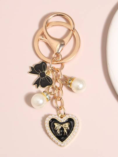 Llavero con dije de corazón y perla falsa, accesorio de San Valentín para coche, bolso, escuela, estilo gótico y Y2K
