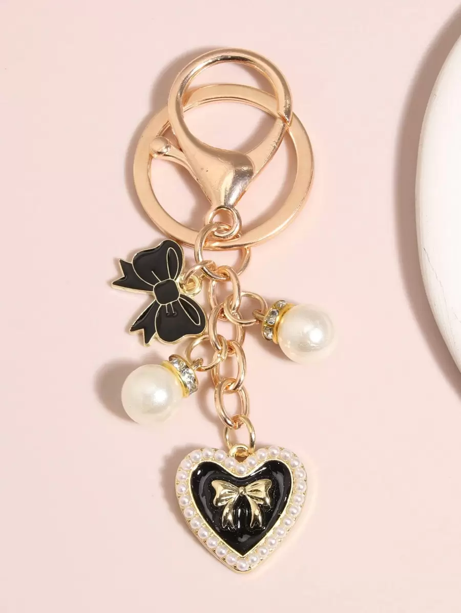Heart & Faux Pearl Charm Keychain Valentine's Day Valentines Car Accessories Bag Charm School Pearl Cute Goth Y2k - Black - View 1
