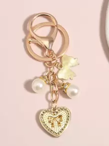 Heart & Faux Pearl Charm Keychain Valentine's Day Valentines Car Accessories Bag Charm School Pearl Cute Goth Y2k - Black - View 3