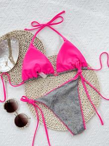 Metallic Contrast Binding Halter Triangle Top & Tie Side Bottom Bikini Set, For Summer Beach Vacation - Silver - View 2