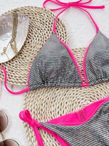 Metallic Contrast Binding Halter Triangle Top & Tie Side Bottom Bikini Set, For Summer Beach Vacation - Silver - View 4