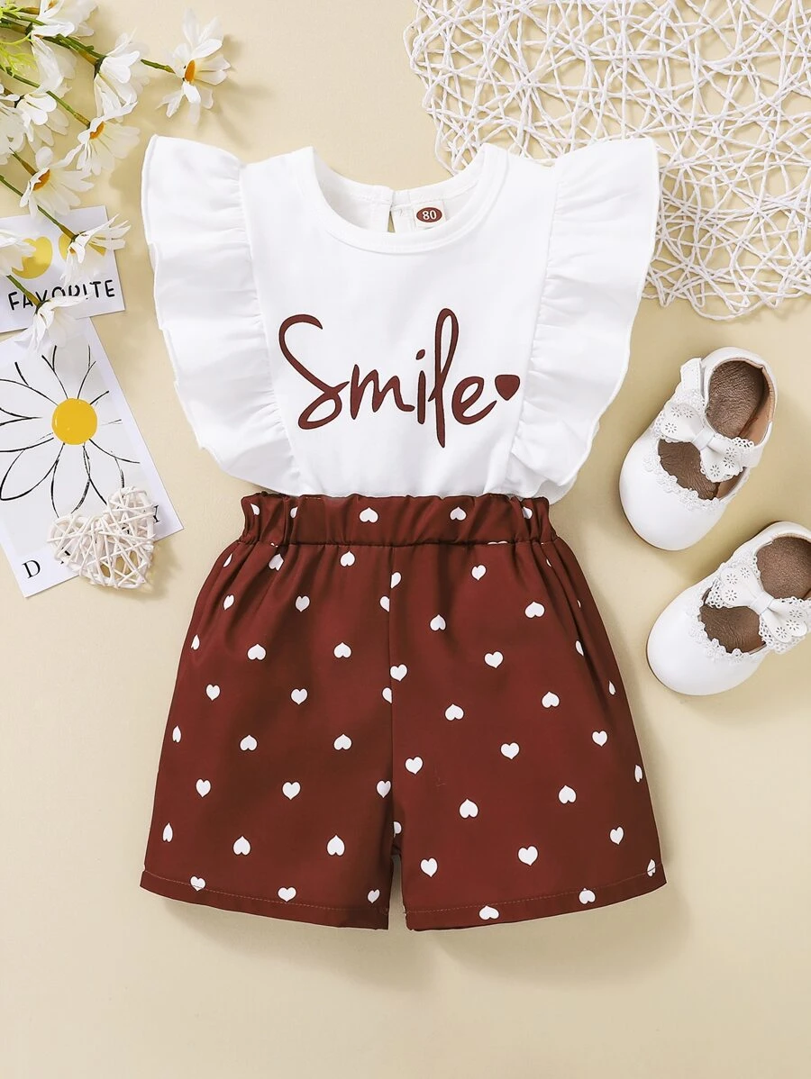 Bebé Mono con estampado de corazón y letra ribete con fruncido - Rojo y blanco - Ver 1