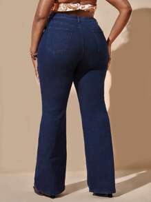 SHEIN SXY Quần Denim kích thước lớn Nút Túi Dây kéo màu trơn - Rửa tối - Xem 2