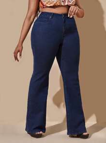 SHEIN SXY Quần Denim kích thước lớn Nút Túi Dây kéo màu trơn - Rửa tối - Xem 4