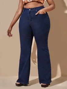 SHEIN SXY Quần Denim kích thước lớn Nút Túi Dây kéo màu trơn - Rửa tối - Xem 5