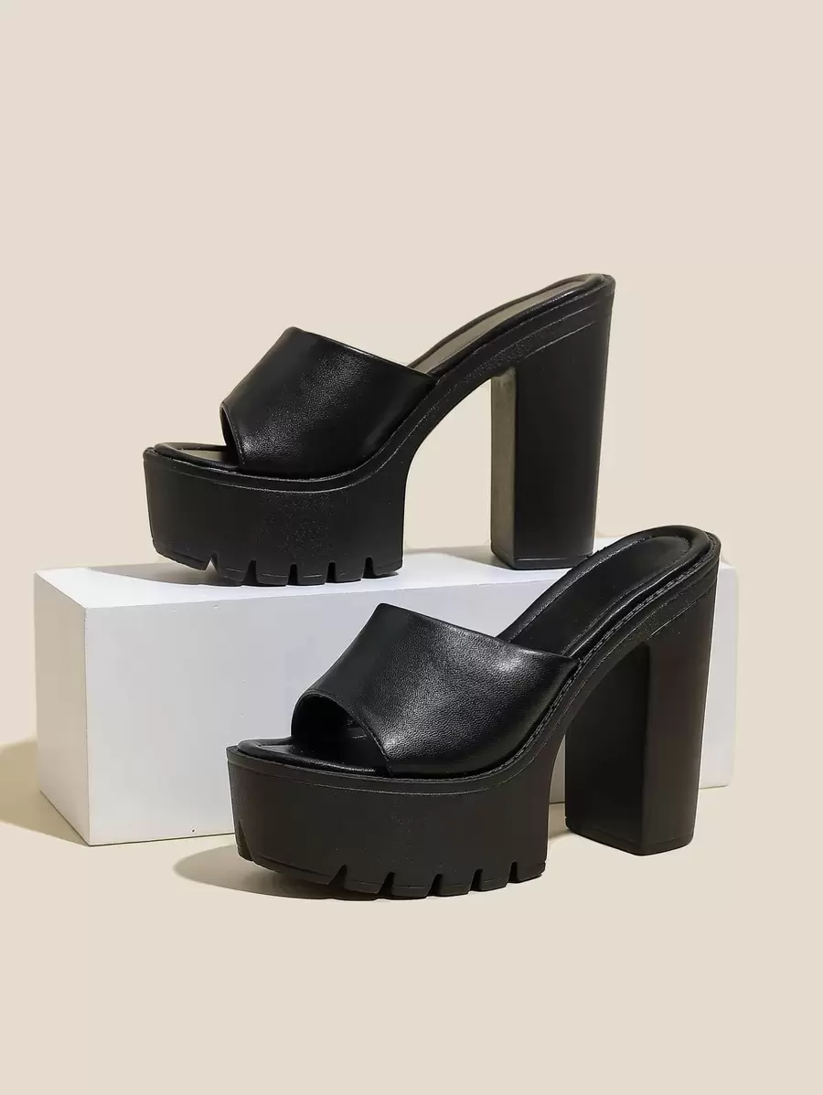 Women's Peep Toe Open Toe Mules Summer Breathable Mesh Sandals, Black, Chunky High Heels Waterproof Platform Casual Shoes