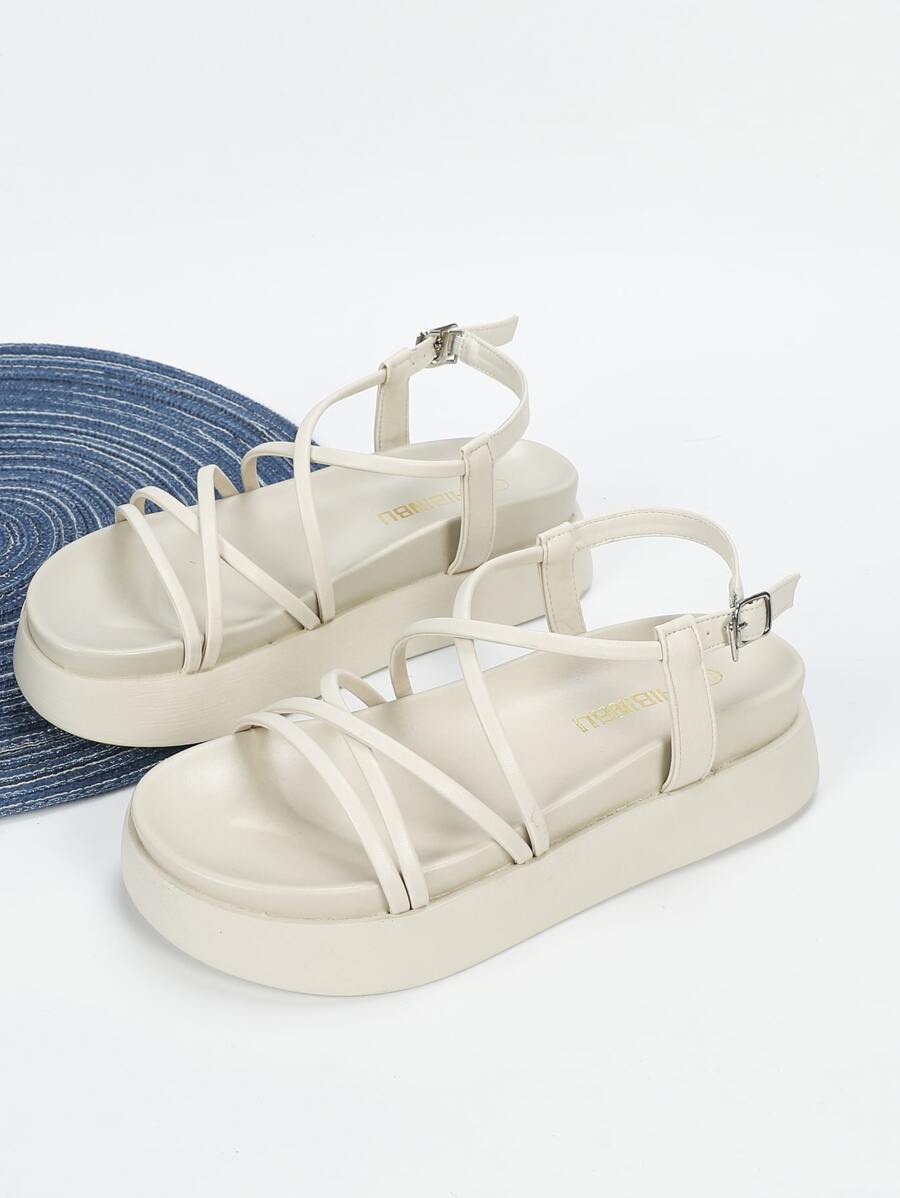 Thin Strap Flatform Slingback Sandals, Beige Preppy Style Solid Color Wedge Sandals,Spring Summer Outfits