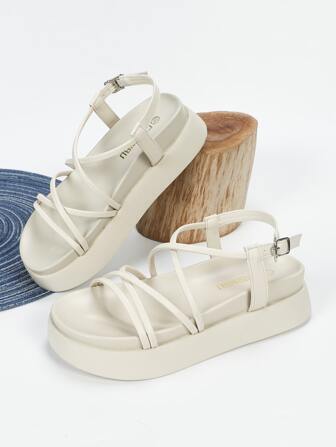 Thin Strap Flatform Slingback Sandals, Beige Preppy Style Solid Color Wedge Sandals