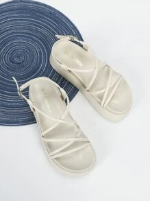 Thin Strap Flatform Slingback Sandals, Beige Preppy Style Solid Color Wedge Sandals