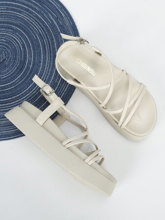 Thin Strap Flatform Slingback Sandals, Beige Preppy Style Solid Color Wedge Sandals
