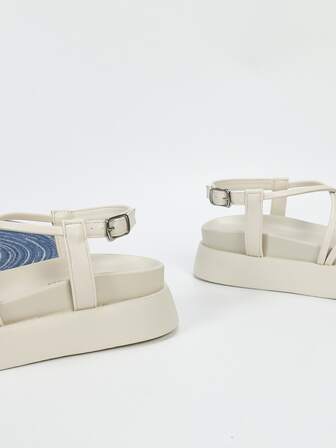 細帶厚底露跟涼鞋,淺褐色學院風素色坡跟涼鞋