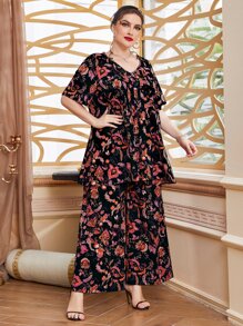 Mulvari 大碼印花按折痕細節上衣和闊腿褲 - 彩色 - 查看 3