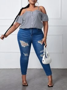 SHEIN SXY Blouse à rayures à épaules dénudées