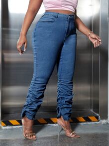 大碼斜口袋褶皺牛仔褲 - 中等水洗藍 - 查看 1