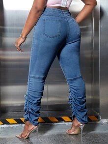 大碼斜口袋褶皺牛仔褲 - 中等水洗藍 - 查看 2