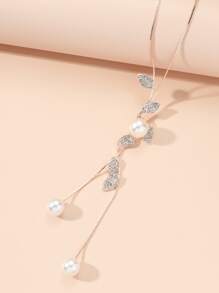 Daun Berlian Imitasi & Kalung Pesona Mutiara Imitasi Dekorasi Daun Berlian Imitasi & Mutiara Imitasi Y Lariat Kalung Rantai Sweter - Rose Gold - View 4