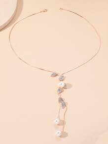 Daun Berlian Imitasi & Kalung Pesona Mutiara Imitasi Dekorasi Daun Berlian Imitasi & Mutiara Imitasi Y Lariat Kalung Rantai Sweter - Rose Gold - View 2