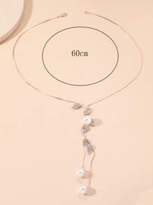Daun Berlian Imitasi & Kalung Pesona Mutiara Imitasi Dekorasi Daun Berlian Imitasi & Mutiara Imitasi Y Lariat Kalung Rantai Sweter - Rose Gold - View 3
