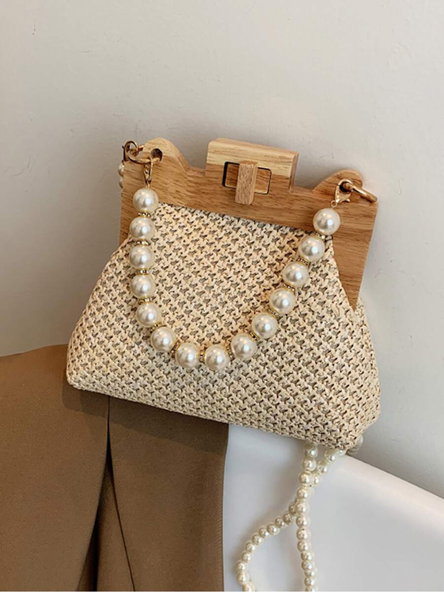 New Sweet Style Woven Straw Lock Faux Pearl Handbag Clutch Tote Bag For Beach Vacation, Shoulder & Crossbody Bag For Women - Khaki - View 1