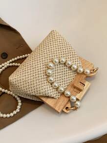 New Sweet Style Woven Straw Lock Faux Pearl Handbag Clutch Tote Bag For Beach Vacation, Shoulder & Crossbody Bag For Women - Khaki - View 3