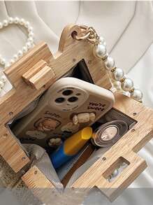 New Sweet Style Woven Straw Lock Faux Pearl Handbag Clutch Tote Bag For Beach Vacation, Shoulder & Crossbody Bag For Women - Khaki - View 4