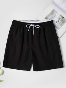 Manfinity Swimmode Hombres Shorts de natación unicolor de cintura con cordón - Negro - Ver 1