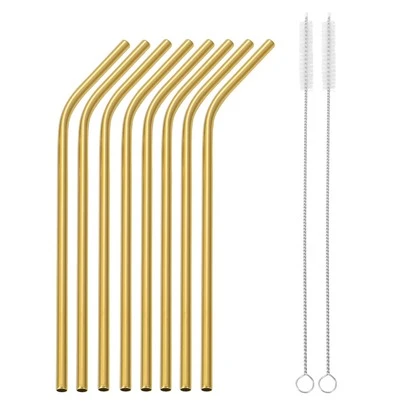 8pcs Stainless Steel Straw & 2pcs Cleaning Brush, Gold Reusable Bent Straw For Drinking, Kitchen, Christmas Gift,School Supplies