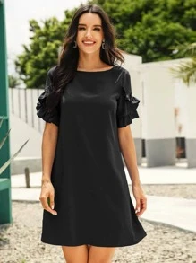 SHEIN LUNE Solid Ruffle Trimed Tunic Dress - Black - View 3