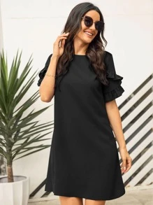 SHEIN LUNE Solid Ruffle Trimed Tunic Dress - Black - View 5