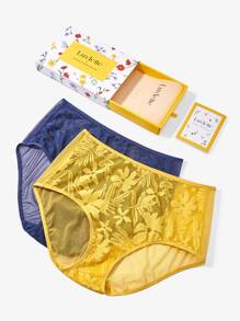 LUVLETTE 大码内衣 2 件装 花园花卉透明蕾丝高腰内裤