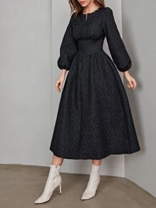 Modelyn Bishop Sleeve Zip Front Textured Dress - Black - View 3