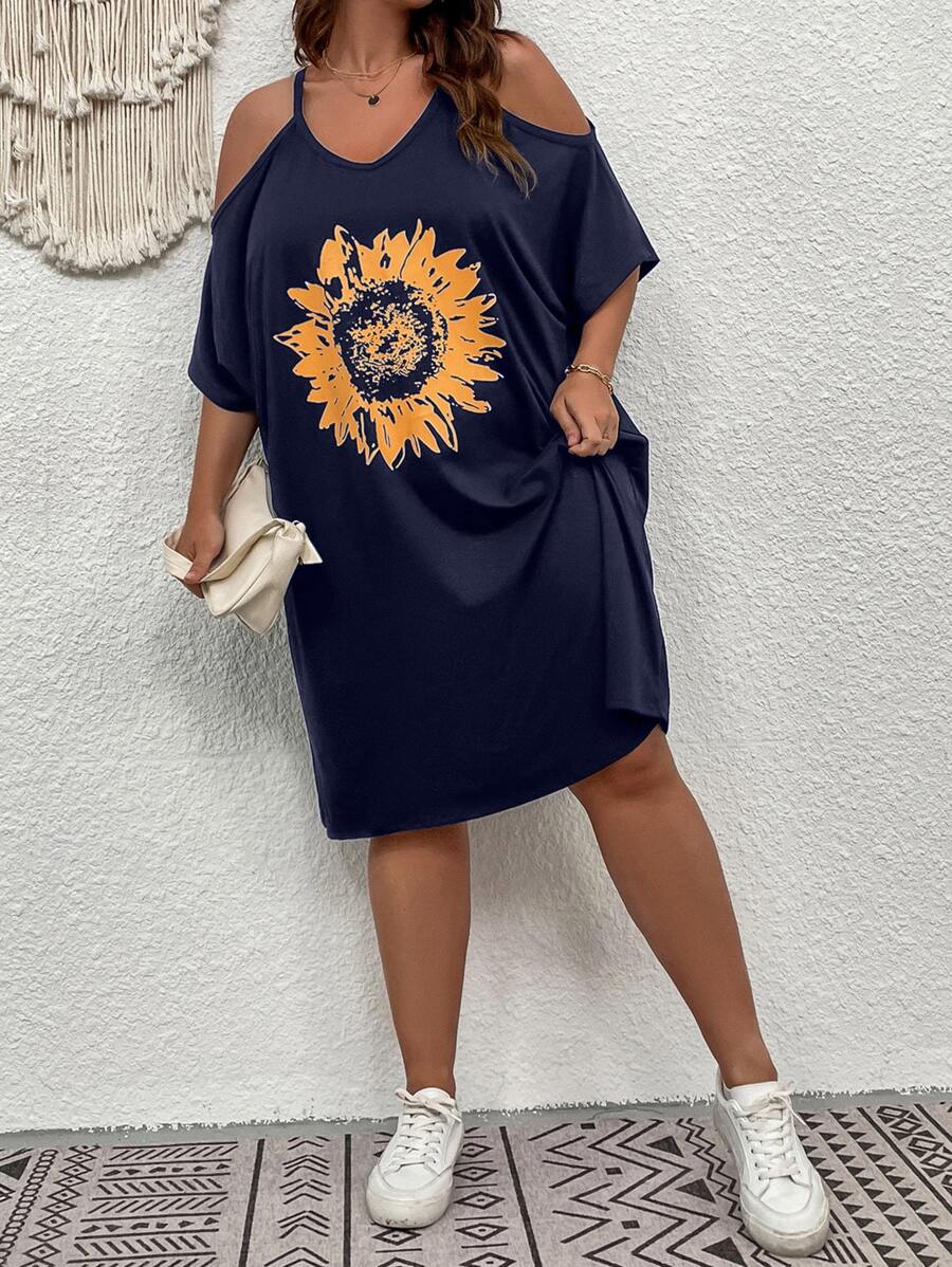 SHEIN LUNE Vestido con estampado de girasol de hombros descubiertos - Azul Marino - Ver 1