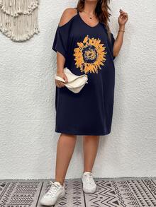 SHEIN LUNE Vestido con estampado de girasol de hombros descubiertos - Azul Marino - Ver 3
