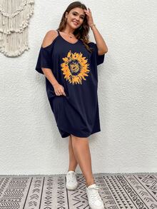 SHEIN LUNE Vestido con estampado de girasol de hombros descubiertos - Azul Marino - Ver 4