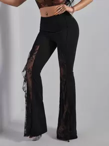 Quần nữ Tương phản ren Vắt màu trơn Hấp dẫn - màu đen - Xem 4